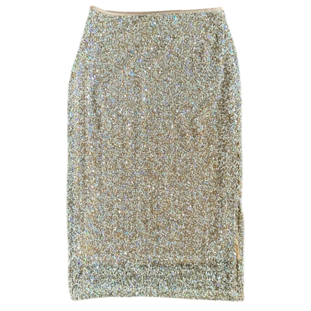 Zara Sequin Midi Pencil Skirt Nude Beige Side Slit Zip Size Medium